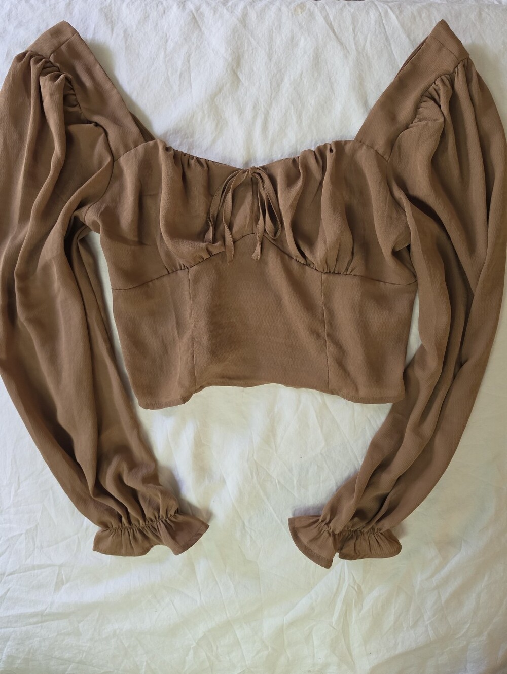 Haute Monde Camel Brown Tie Front Smocked Back Puff Sleeve Crop Top Medium
